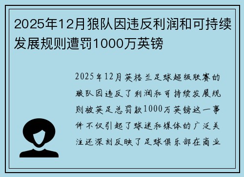 2025年12月狼队因违反利润和可持续发展规则遭罚1000万英镑 2025年12月狼队因违反利润和可持续发展规则遭罚1000万英镑